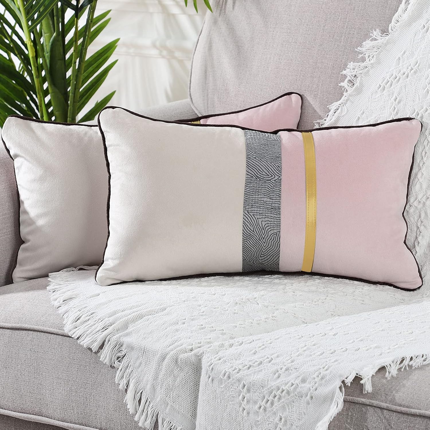 Yaertun Pack of 2 Patchwork Velvet Lumbar Decorative Throw Pillow Cover with Gold Striped Leather Cushion Cases Modern Luxury Pillowcases for Couch Sofa Bed 12x20 Inches Pink