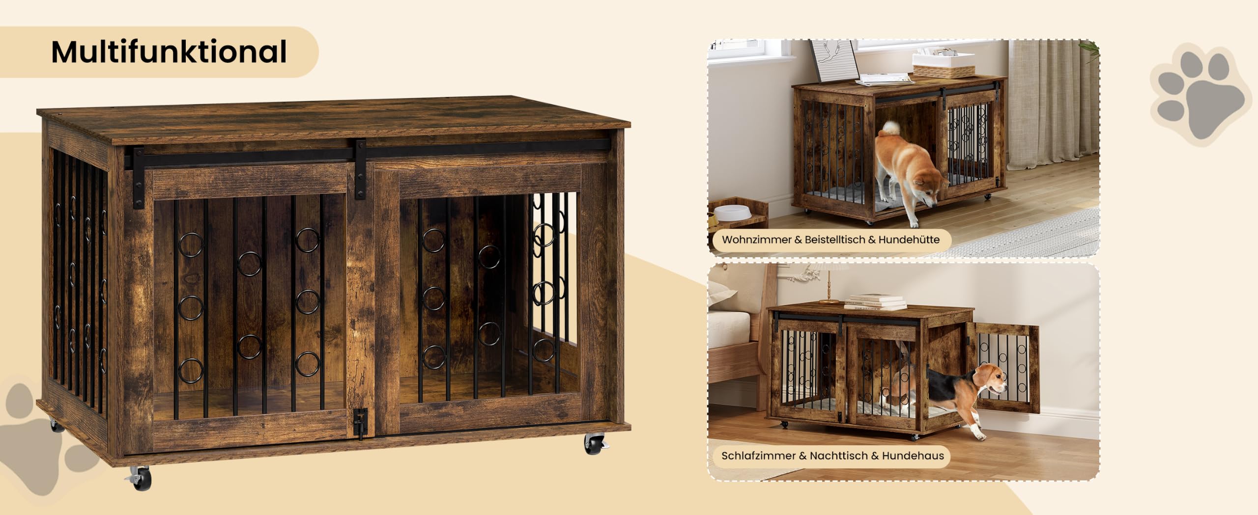 EUGAD Hundekäfig Möbel, Hundebox für Zuhause mit 2 Tür 5 Rädern, Hundebox Holz Kleine/Mittlere Hunde bis zu 60kg, Hundekäfig für Zuhause Dekorative Hundeschrank Vintagebraun 100x56x58cm