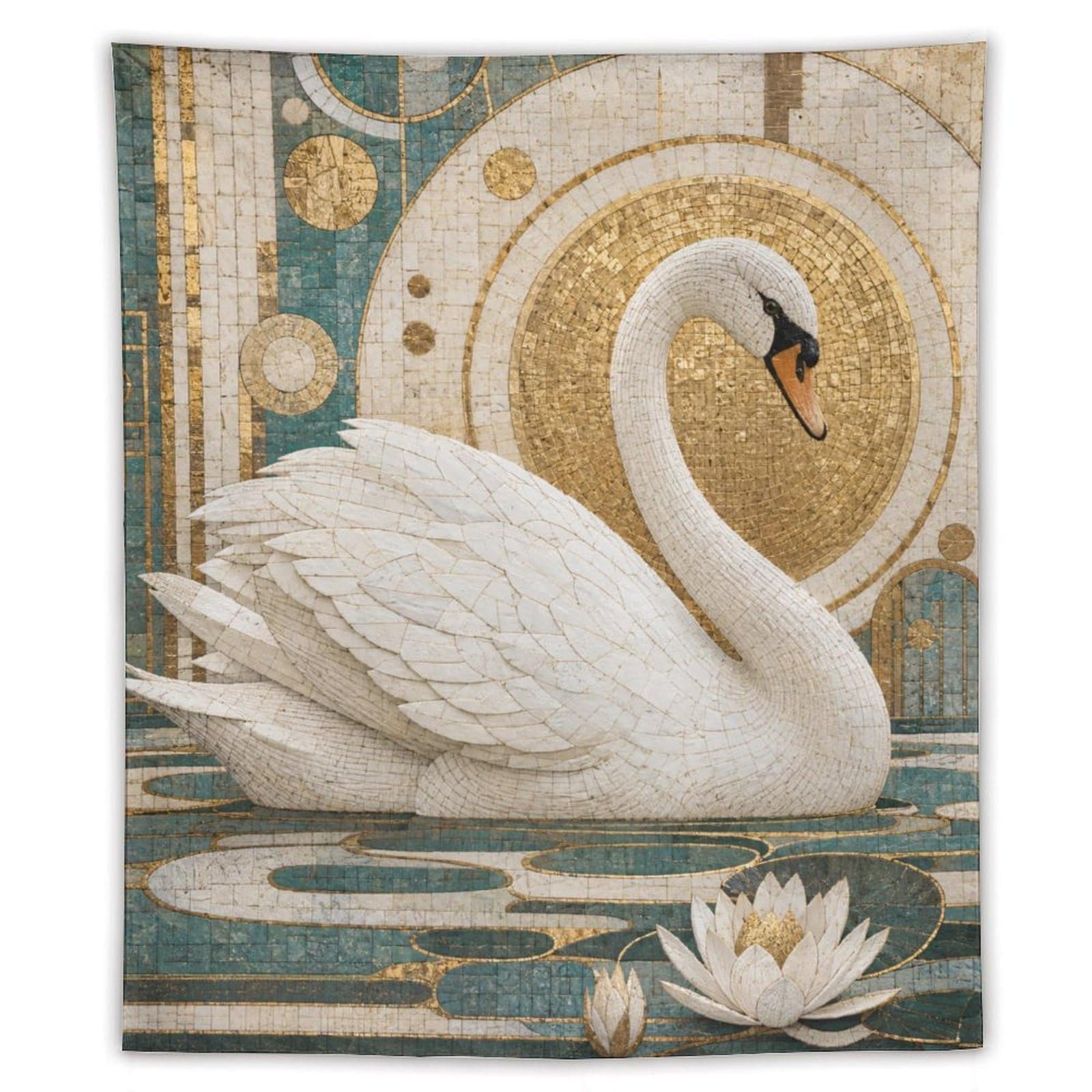 White Swan and Lotus Wall Tapestry, Mosaic Style, Reading Corner