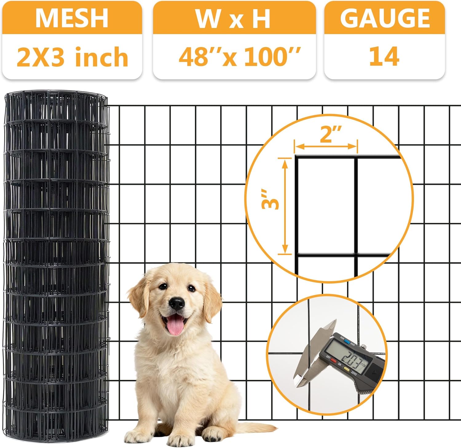 Black Metal Garden Fence, 48inch(H) x 100ft(L), 2 inch x 3 inch,14GA 2/3/4/5/6 Ft Tall Chicken Wire PVC Coated Welded Wire Mesh Roll for Dogs Border Yard Vegetable Plant Protection Poultry Netting