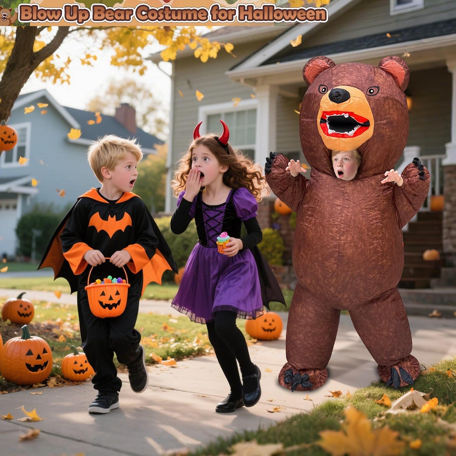 Camlinbo Halloween Inflatable Bear Costume for Kids, Full Body Blow Up Brown Bear Costume for Halloween Inflatables Cosplay Party - Image 4