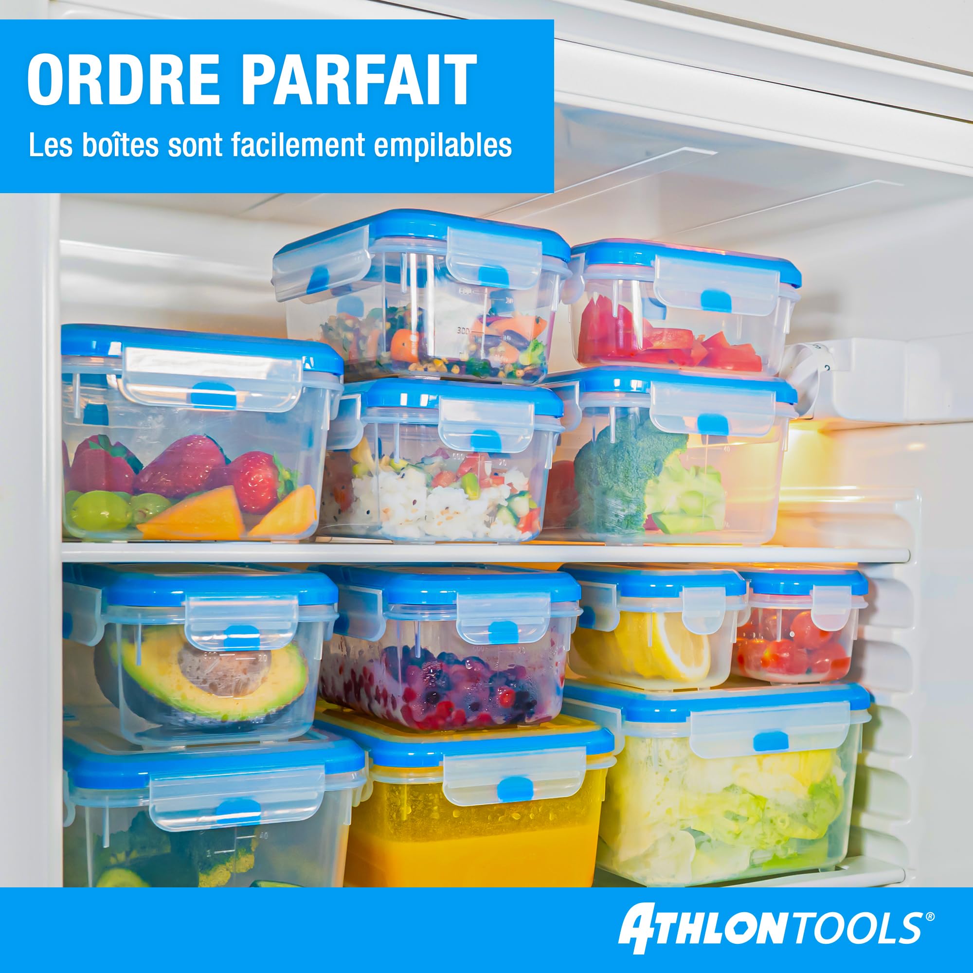 ATHLON TOOLS Lot de 4 boîtes de conservation de qualité gastronomique de 3 L - 100% hermétiques et étanches - de -40 à +100 degrés - pour tous les aliments - Sans BPA - Boîtes de conservation pour
