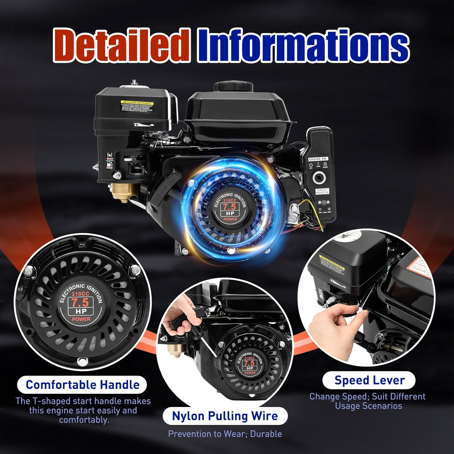 210CC 4-Strokes Gas Engine,7.5HP Electric Start Industrial Grade OHV Gasoline Engine, Single Cylinder Go Kart Motor Engine for Go Kart Pressure Washers Log Splitters, Shaft Length 2-5/8" Total