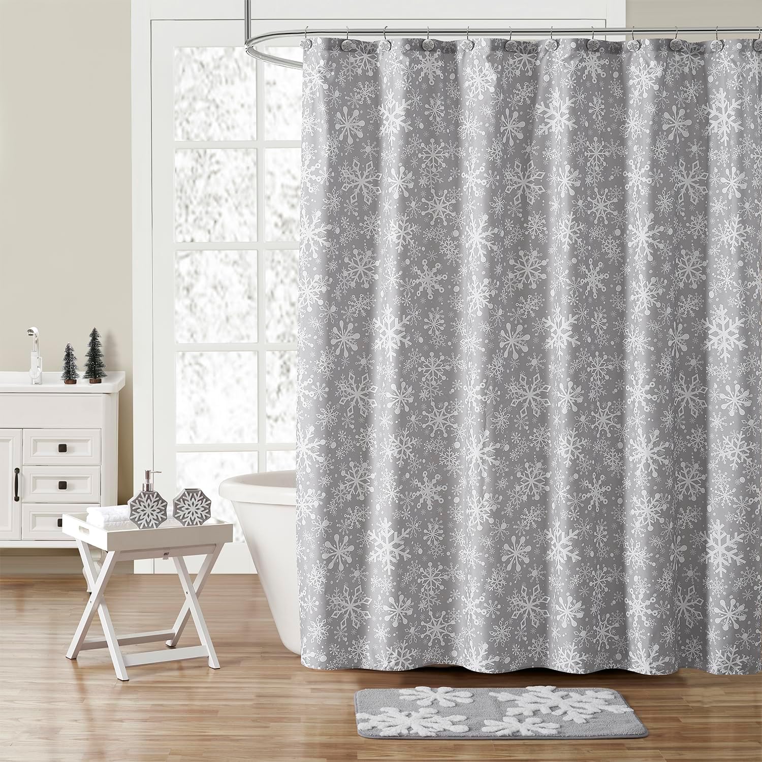 VCNY Home - Bathroom Set, Shower Curtain & Decorative Hooks, Non-Slip Bath Rug, Ceramic Countertop Accessories, Snowflake Printed (Holiday Collection, 16 Pieces)