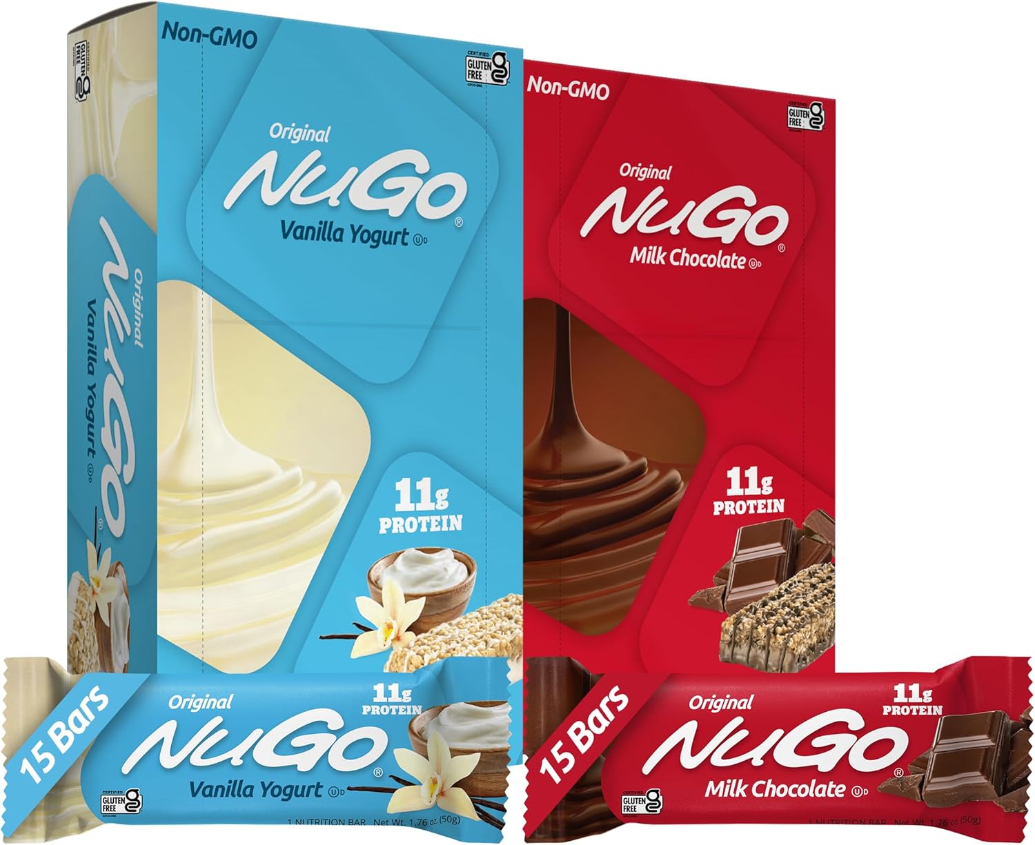NuGo Original Variety, Vanilla Yogurt 15 bars & Chocolate 15 bars, 11g Protein, Gluten Free, 30 Count