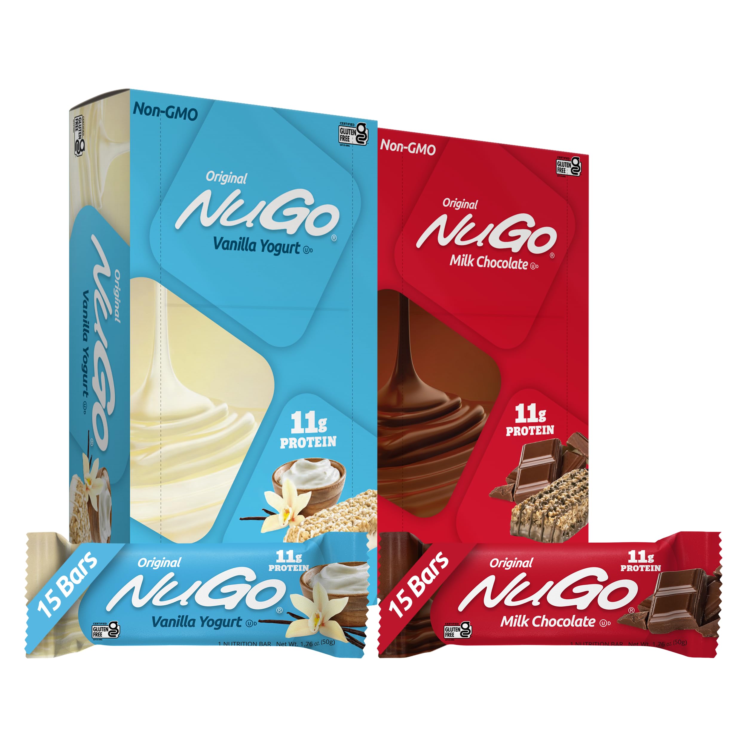 NuGo Original Variety, Vanilla Yogurt 15 bars & Chocolate 15 bars, 11g Protein, Gluten Free, 30 Count