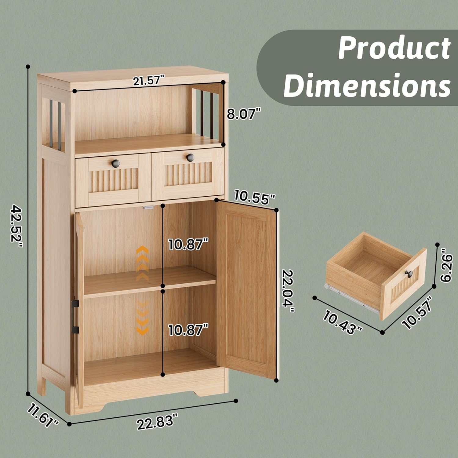 Buffet Cabinet, Fluted Sideboards with 2 Drawers and Doors, Open Compartment & Adjustable Shelf, Small Cabinet for Kitchen, Entryway, Natural Oak