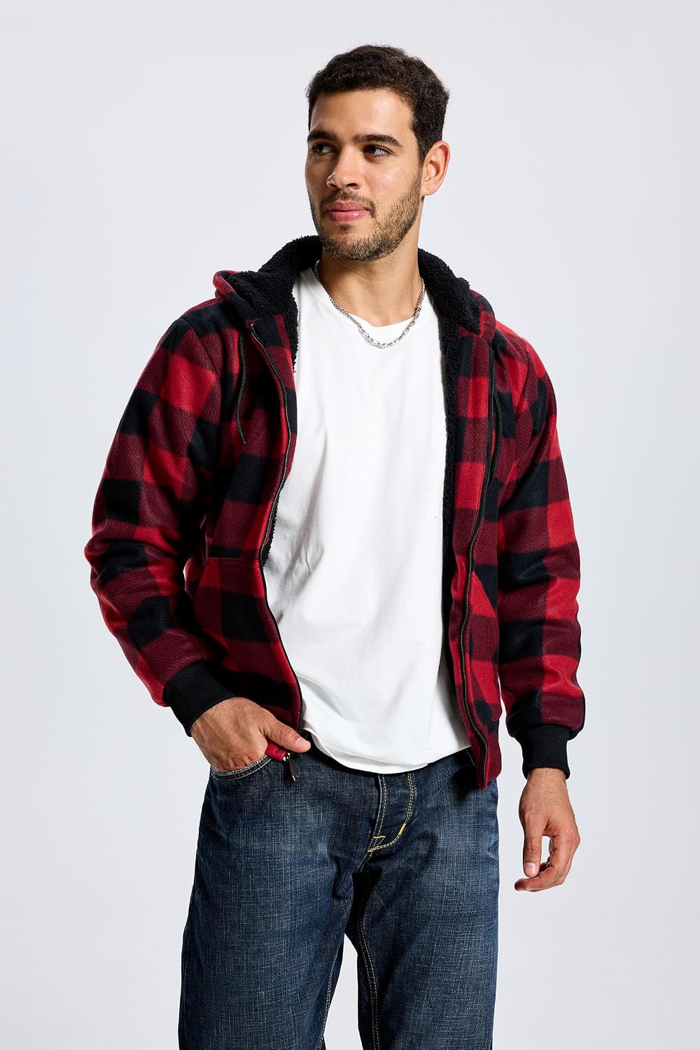 TanBridge Men's Cotton Plaid Shirts Jacket Full Zip Fleece Flannel Sherpa Lined Hoodies Heavyweight Hoodies Jacket for Men