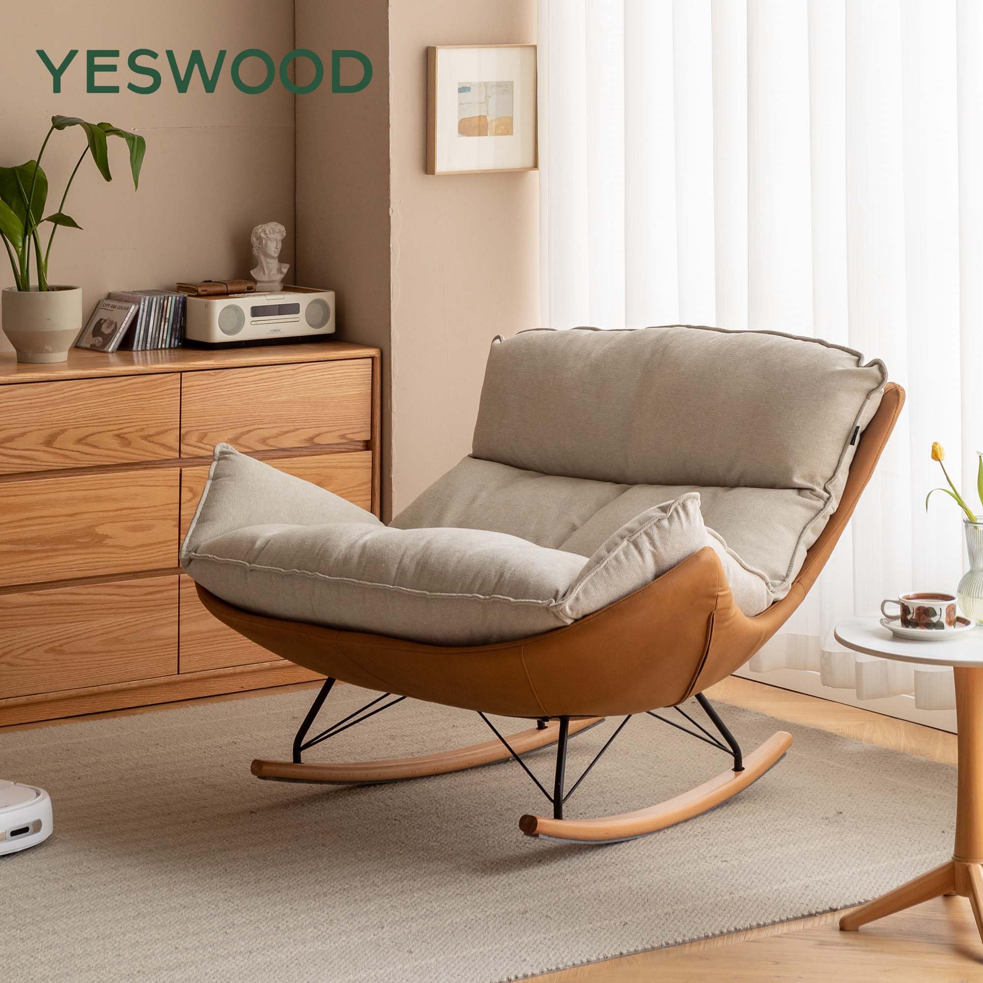 YESWOOD Fauteuil à Bascule, Forme de Cocon, Style Classique, Coussin Amovible, Structure en Hêtre Massif et Métal, 128 x 118 x 90 cm, Marron