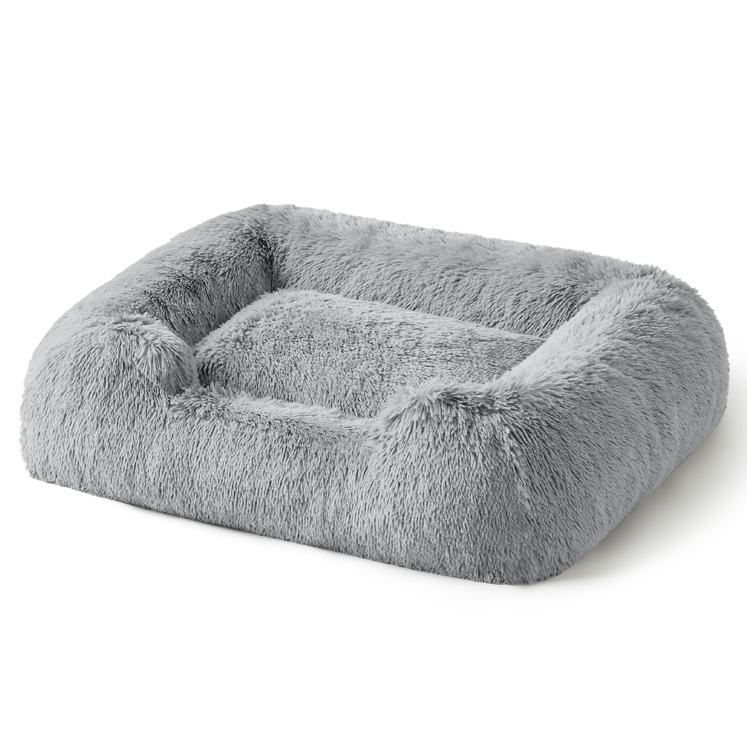 Bedsure Dog Beds for Medium Dogs,30 inches Waterproof Calming Dog Couch Bed, Anti-Slip Dog Sofa with Washable Covers, Rectangle Fluffy Plush Faux Fur Pet Bed, Fits up to 30 lbs Pets, Light Grey