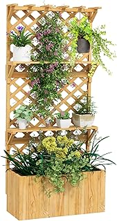 Outsunny Wooden Planter with Trellis, Raised Garden Bed with Hanging Roof, Plant Shelf, Drainage Holes and Bed Liner, for Climbing Plants, Vegetables, Flowers, 30" x 13" x 70", Natural