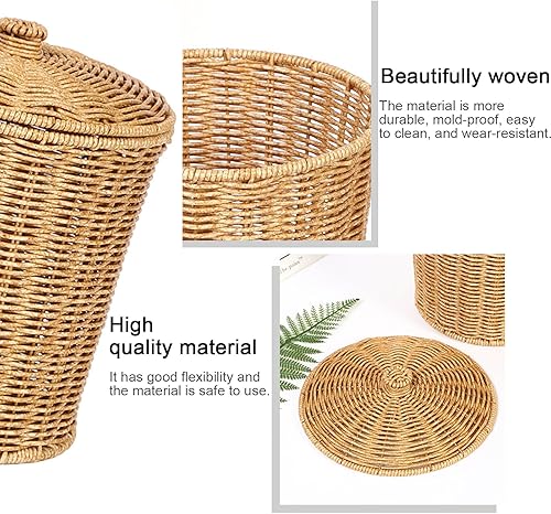 Lpitoy Wicker Trash Can Woven Trash Can Rattan Waste Basket with Lid Wicker Basket Woven Storage Basket Round Trash Bin Rubbish Basket Garbage Can Clothes Container - 3