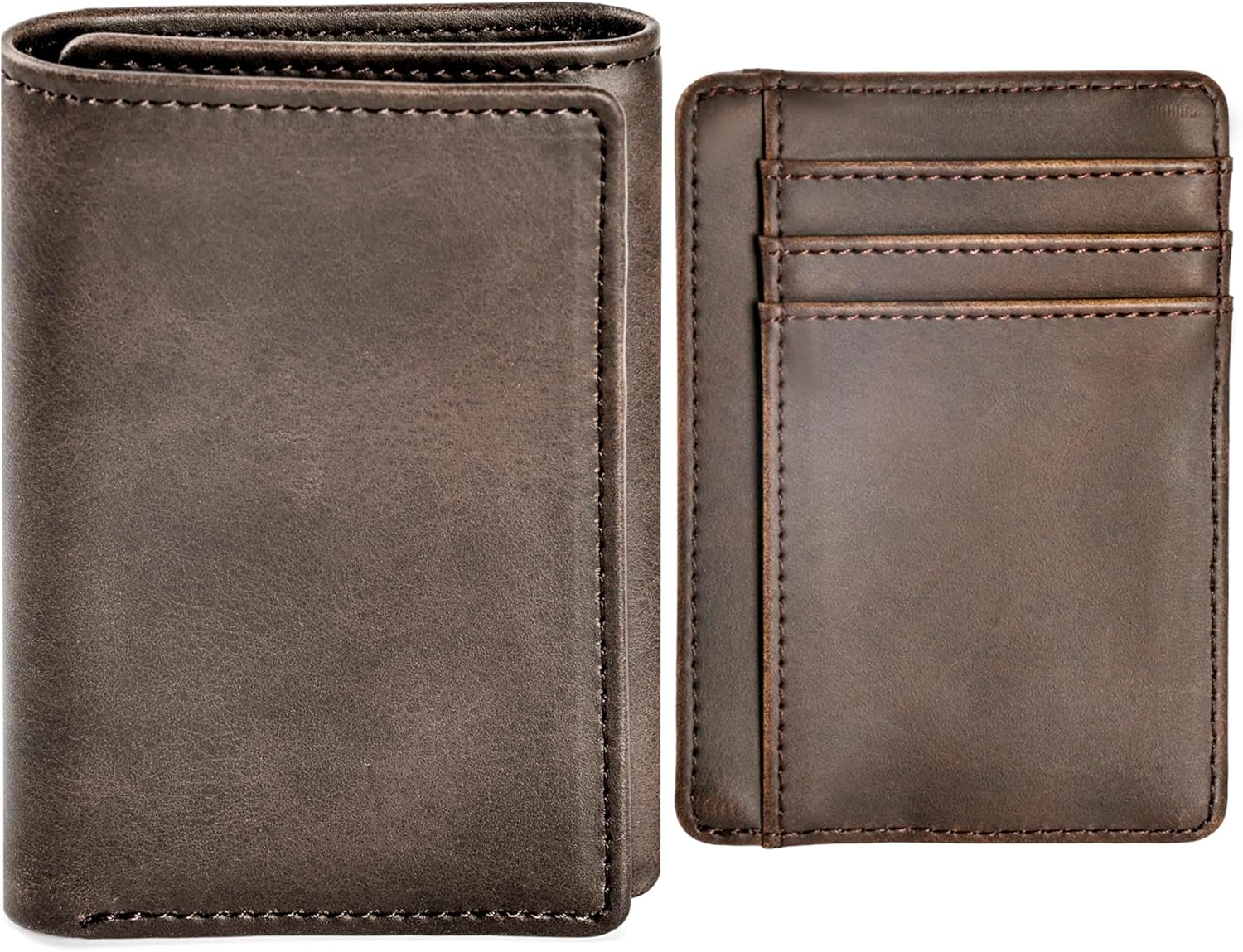 Trifold Wallet for Men, Leather Wallets with 8 Card Slot and 2 Money Pocket and 1 Clear Photo Slot + 1 Minimalist Leather Card Pocket with 6 Card Slot and 1 Transparent Windows Slot - Coffee - Image 8