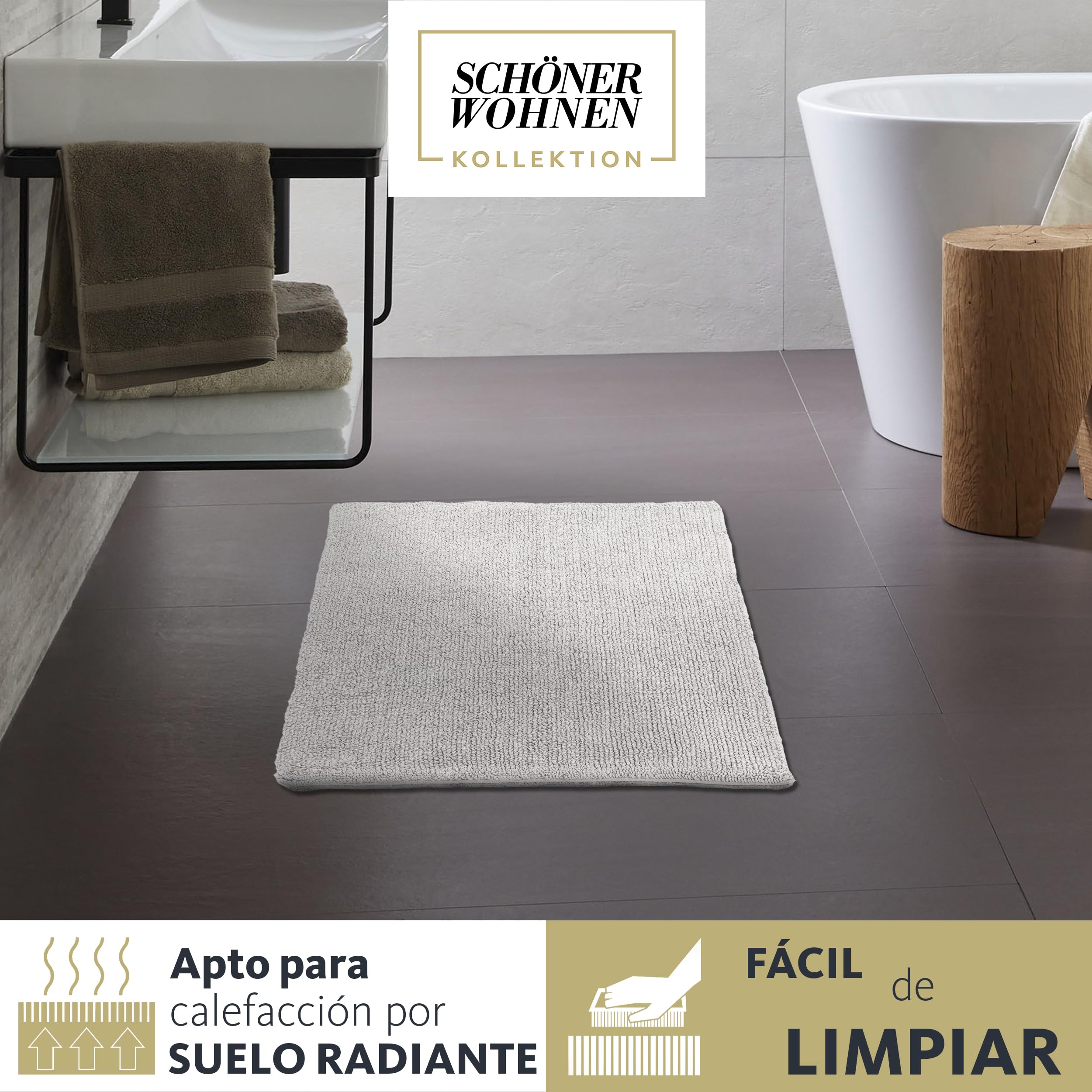 Schöner Wohnen Collection Alfombra de baño 60 x 90 cm - Reversible - Lavable - 100% algodón - Monocolor - Gris Claro | Alfombrilla de baño antideslizante, 100% algodón, apta para secadora, absorbe la humedad