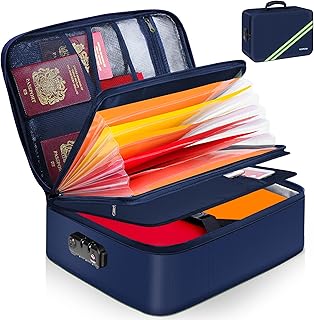 Noiposi Important Document Organizer, Waterproof and Fireproof Document Box with 7 Pockets File Folder,Portable Home Fire Safe Storage Box Case with Lock for Documents,File and Card,Blue