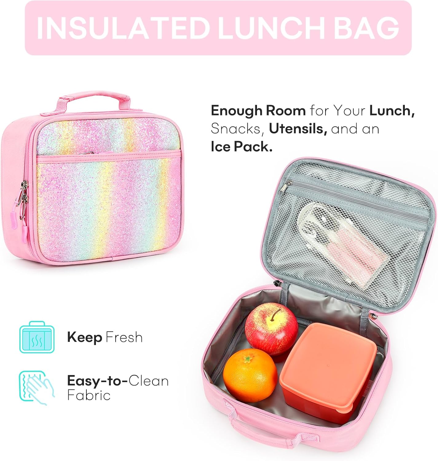 mibasies Girls Backpack with Lunch Box: 3PCS Kids Backpack Set for Kindergarten Elementary - 15 IN Cute Bookbag - Glitter Rainbow