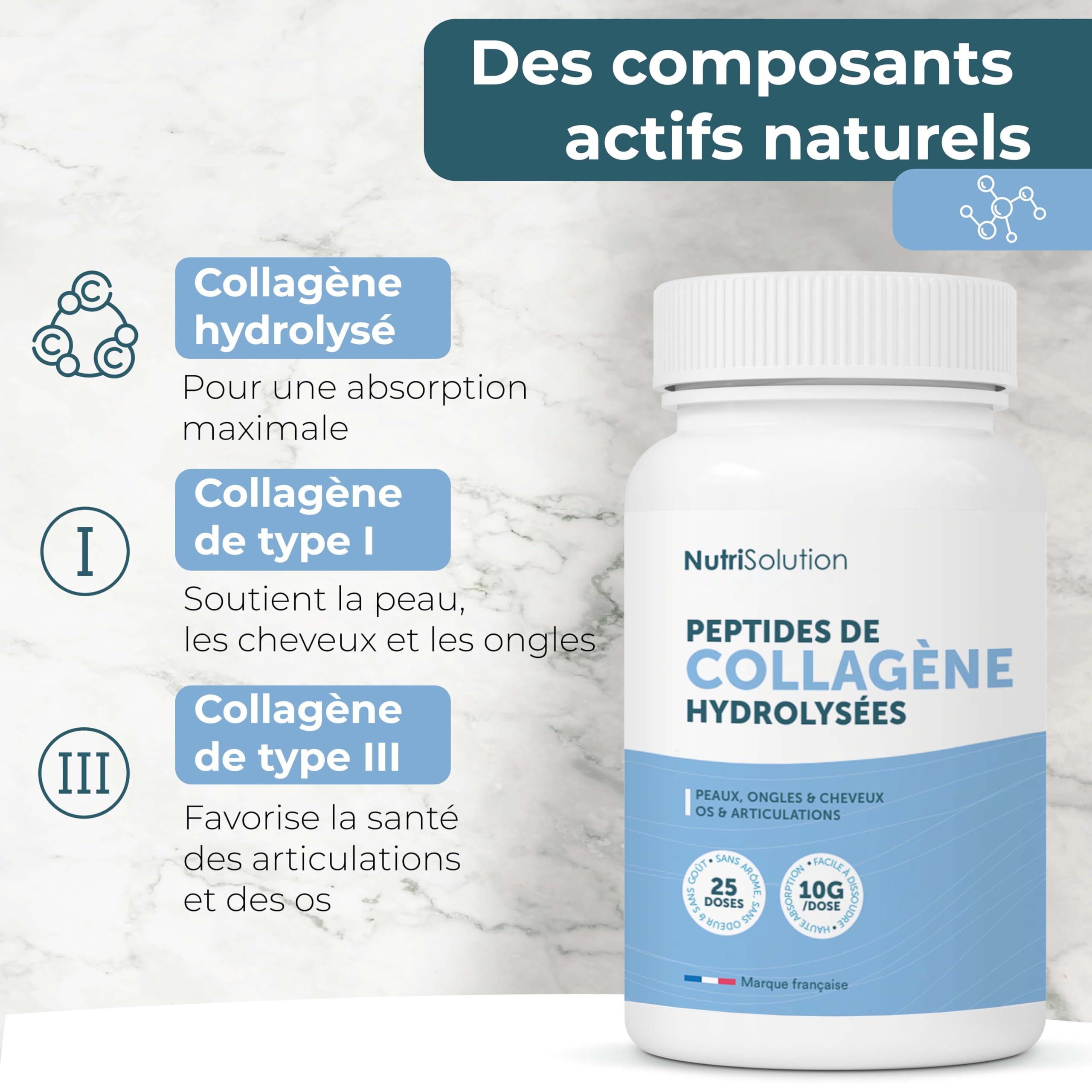 NutriSolution Peptides de Collagène Hydrolysé - Collagène Bovin Type I & III Nourri à l'Herbe pour Peau, Cheveux, Ongles, Articulations & Os - Sans Saveur, Sans Sucre, 25 Doses - Fabriqué en Suède (3)