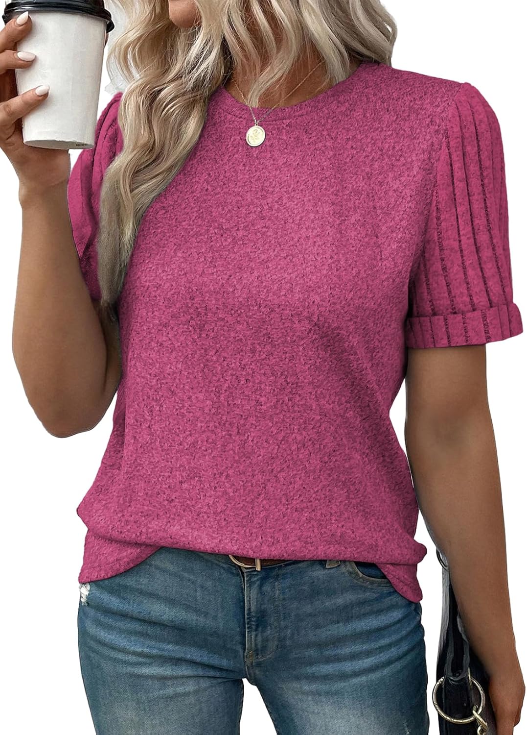 SHEWIN Women's Short Sleeve Summer Tops Crewneck Knit Solid Loose Casual Basic T Shirts Tee Blouses