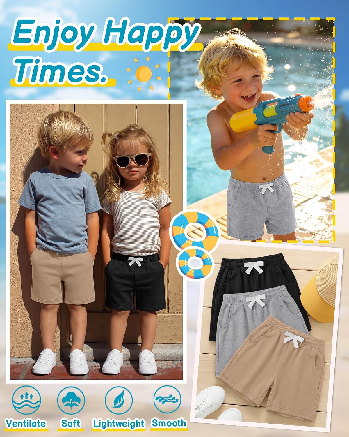 3 Pack Toddler Boys Cotton Shorts Baby Boys Summer Clothes Kid Casual Pull On Elastic Waist Shorts with Pocket