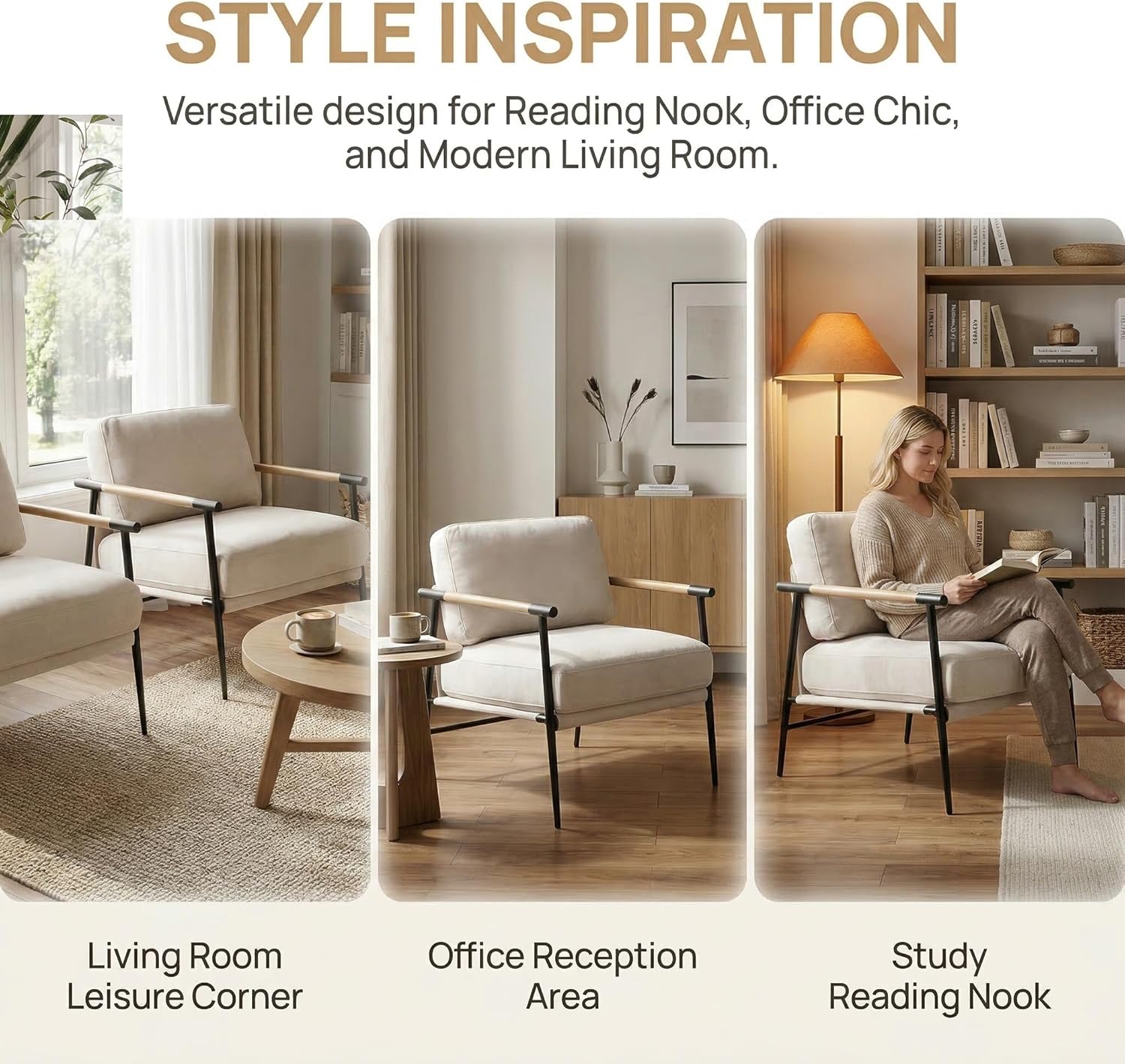 DUOMAY Beige Modern Accent Chair Chenille Upholstered Lounge Bedroom Chair with Metal Legs Comfy Lightweight Living Room Chair Armchair for Home Reading