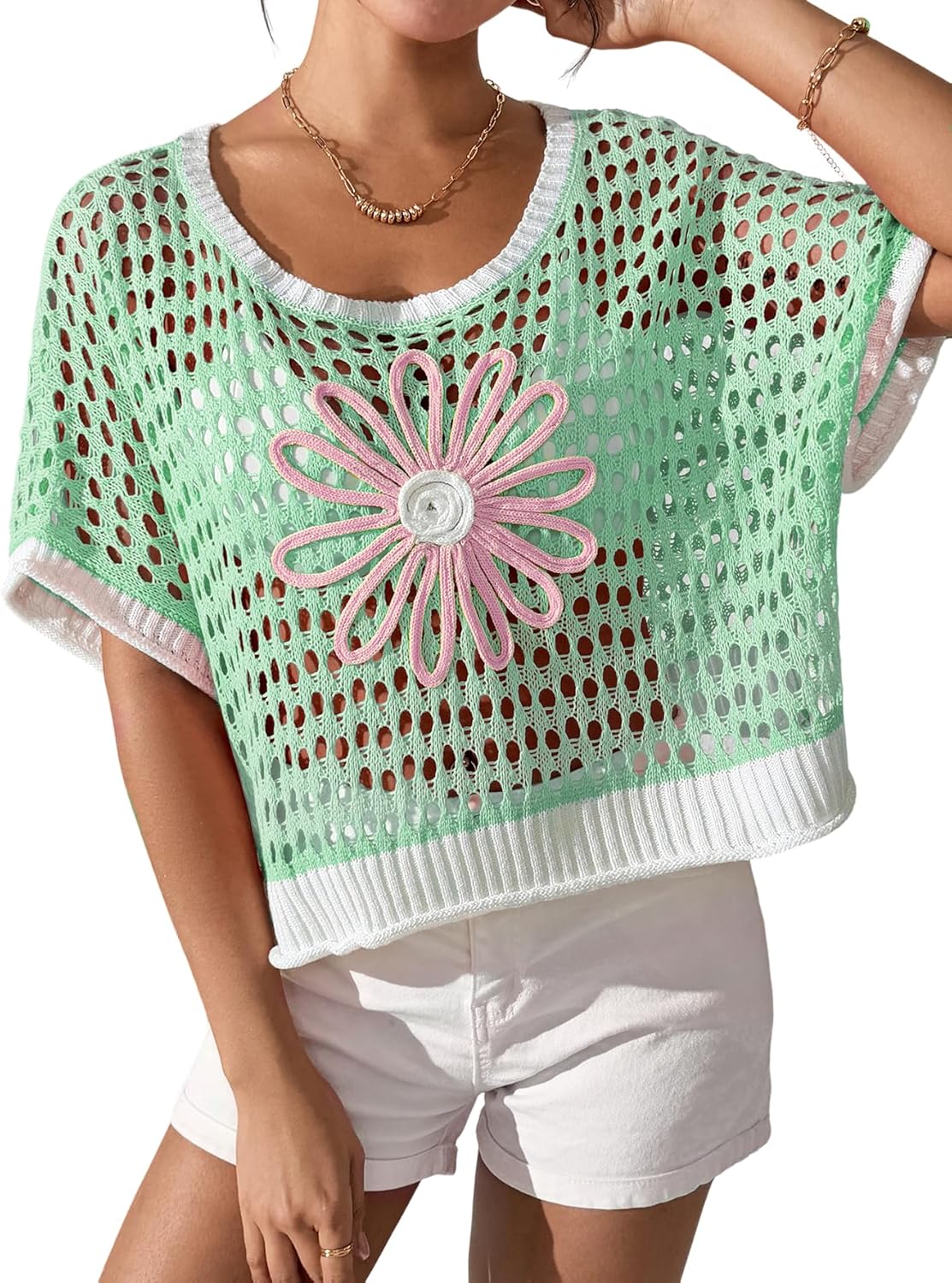 OCSTRADE Summer Crochet Tops for Women Boho Crop Hollow Out Sweaters Beach Vacation Knit Cover Ups