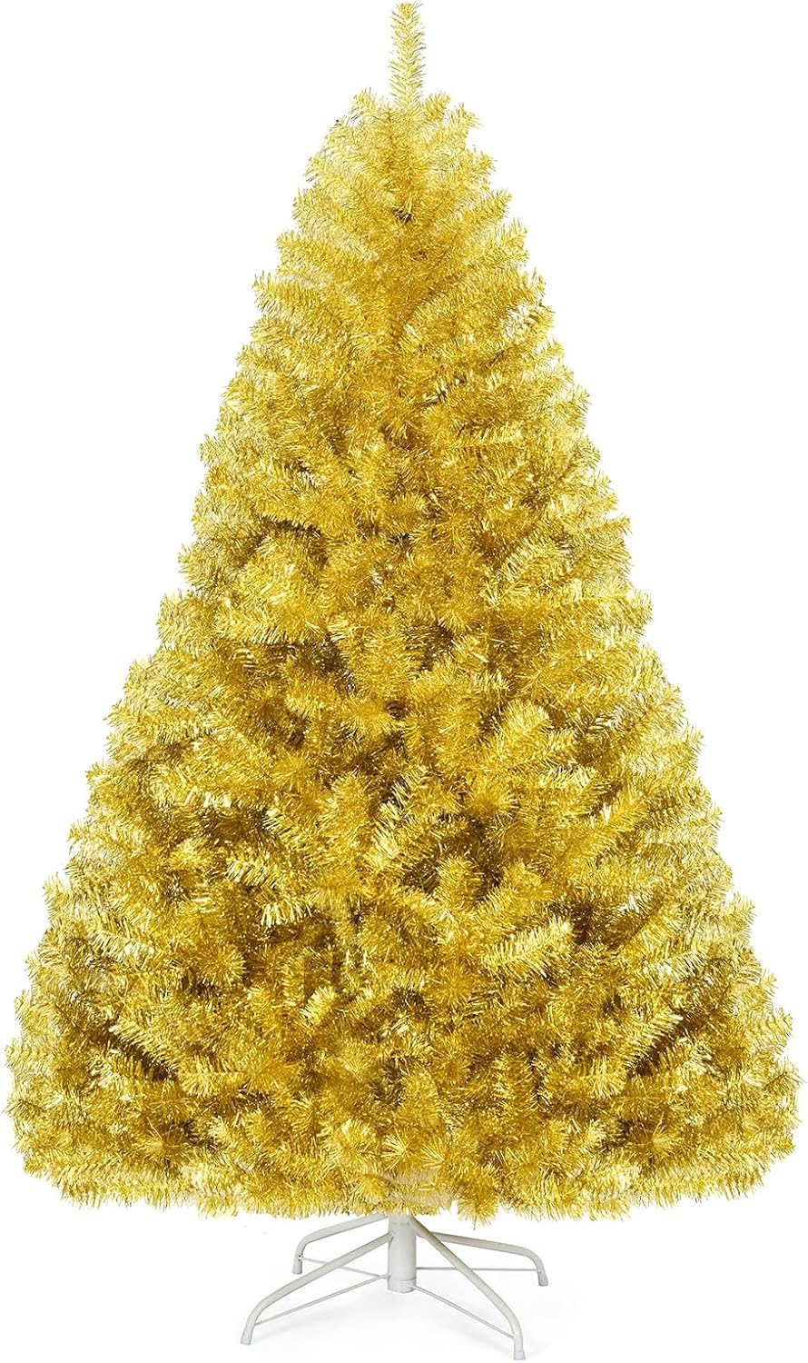 DORTALA Gold Christmas Tree 6 FT, Artificial Unlit Xmas Tree with 1036 Branch Tips, PVC Needles, Folding Metal Stand, Indoor Holiday Decor Tree for Home Office