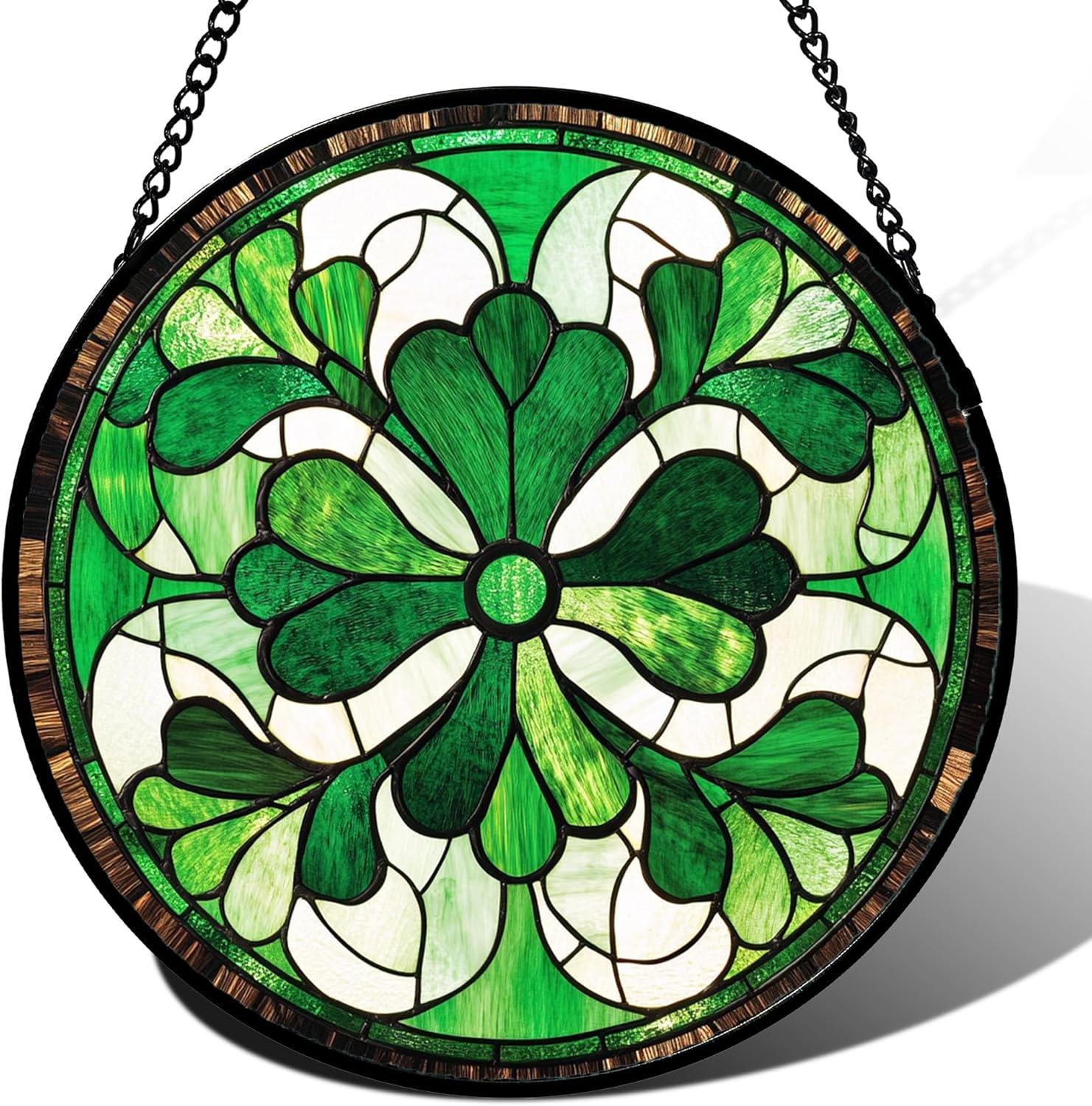 Stained Glass Window Hanging White Green Decoration 6.3" - Suncatcher Door Garden Sun Catcher Ireland Decor Birthday Mother's St. Ripack's Day Gift for Woman Mom Men Friend Nana Wife