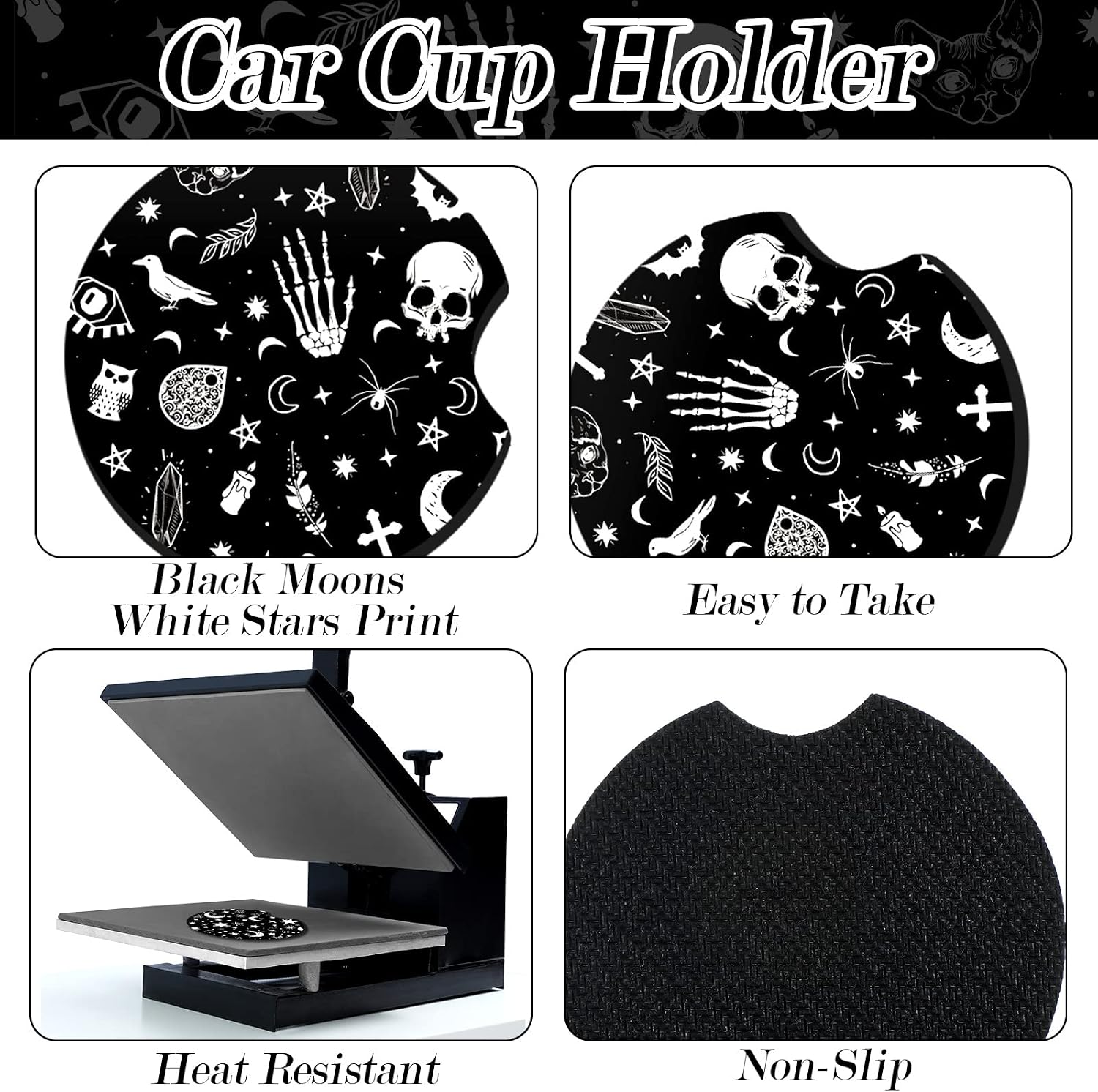 4 Pieces Black Moons White Stars Print Car Accessories Set Black Moons White Stars Steering Wheel Cover with 2 Pieces Car Cup Holder and Leather Keyring for Truck SUV(Horror Pattern)