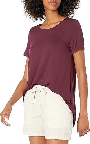 Amazon Essentials Women's Relaxed-Fit Short-Sleeve Scoopneck Swing T-shirt (Available in Plus Size), Burgundy, Small