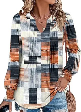 BETTE BOUTIK Long Sleeve Shirts for Women Fall Tops Dressy Blouses Pleated V Neck Tunic Tops for Leggings S-3XL