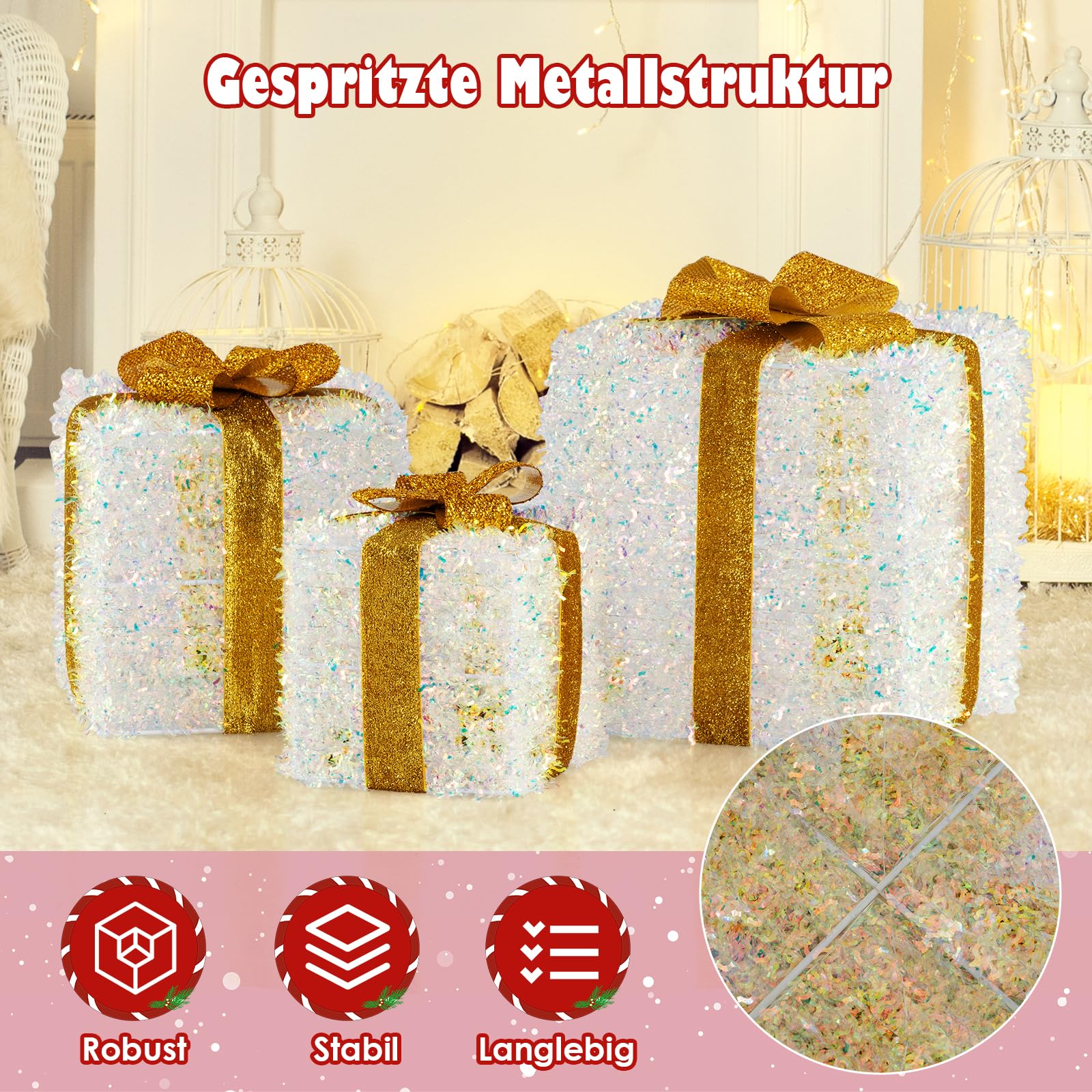 COSTWAY LED Geschenkbox 3er Set, beleuchtete Weihnachtsdeko mit 200 warmweißen LED-Lichtern, Weihnachtenbox mit goldenem Schleifen, Weihnachten Dekoboxen, Weihnachtsbeleuchtung für außen & innen