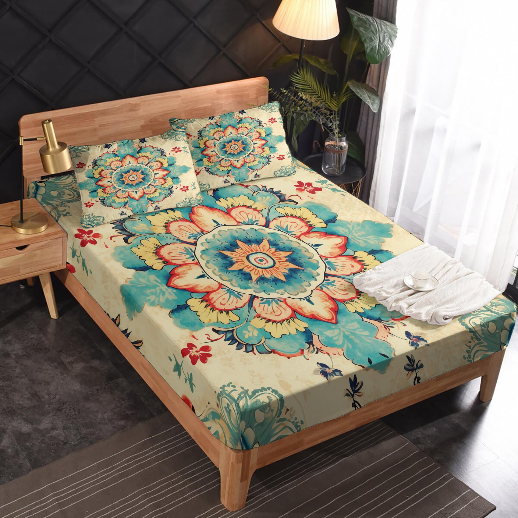 Zvynqour Mandala Sheets California King Size - Rustic Lotus Flower Bed Sheets - 16 Inch Deep Pocket Fitted Sheets & Flat Sheets & Pillowcases 4 Piece Set - Bohemian Boho Bedding & Decor