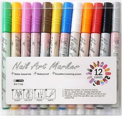 12 Colors Nail Art Pens Set, 0.5mm Ultra Fine Tip Nail Marker Pens, Quick Dry Waterproof DIY Nail Polish Pens for Nail Pai...