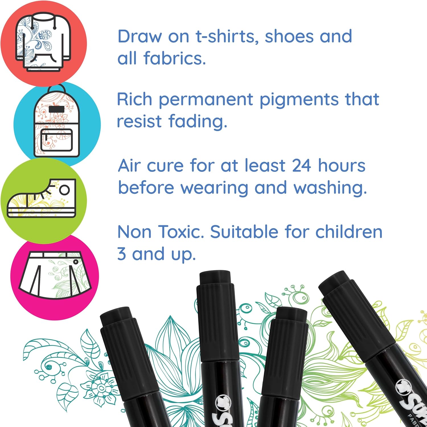U.S. Art Supply Super Markers Black Dual Tip Fabric Markers Permanent for Clothes - Set of 6 Fabric Pens with Permanent Ink, Double-Ended with Chisel Point and Fine Point Tips