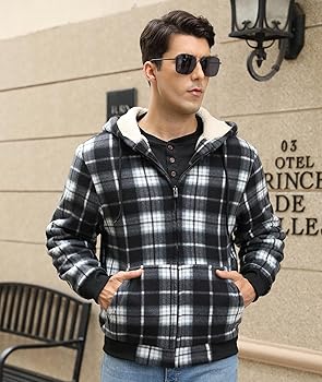 ZITY Heavy Thick Hoodies for Men Plaid Flannel Warm Sherpa Fleece