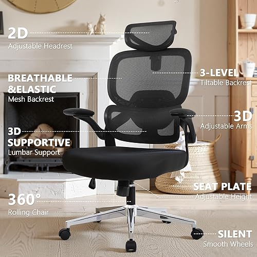 Miniatura 5 de Silla de oficina ajustable para computadora, silla de escritorio ergonómica con soporte lumbar y reposacabezas, silla ejecutiva de respaldo alto con
