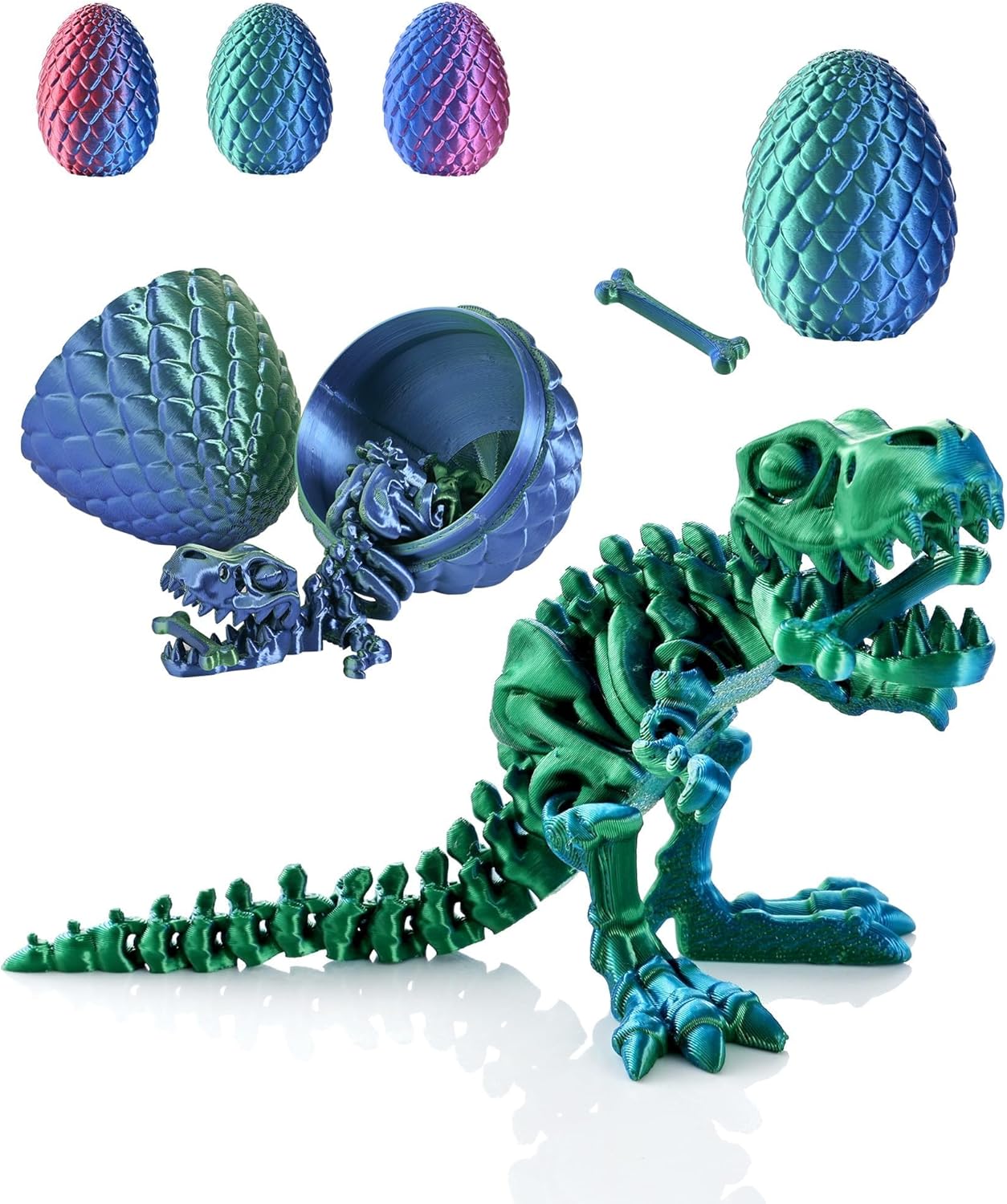 GemmiCho 3D Printed Dinosaur Toy, 3D Printed T-Rex with Egg, Articulated T-Rex Skeletons, 3D Printed Toys, 3D Printed Skeleton Dinosaur Egg, Home Office Decor Executive Desk Toy (Dark Green)