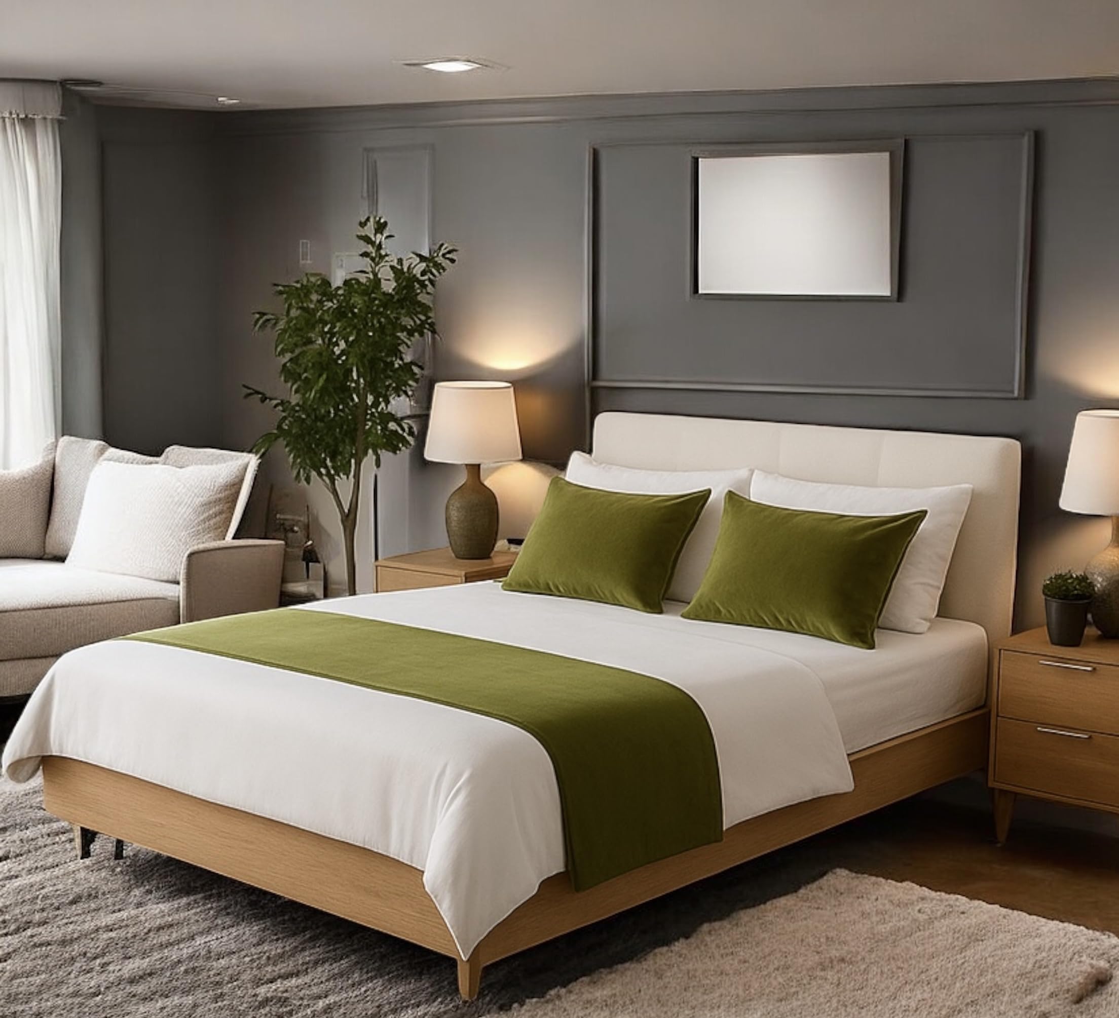 Velvet Bed Runner Bed Scarf Handmade Reversible Perfect For Home and Hotel. (Olive, Double 48 x 200cm (18" x 78"))