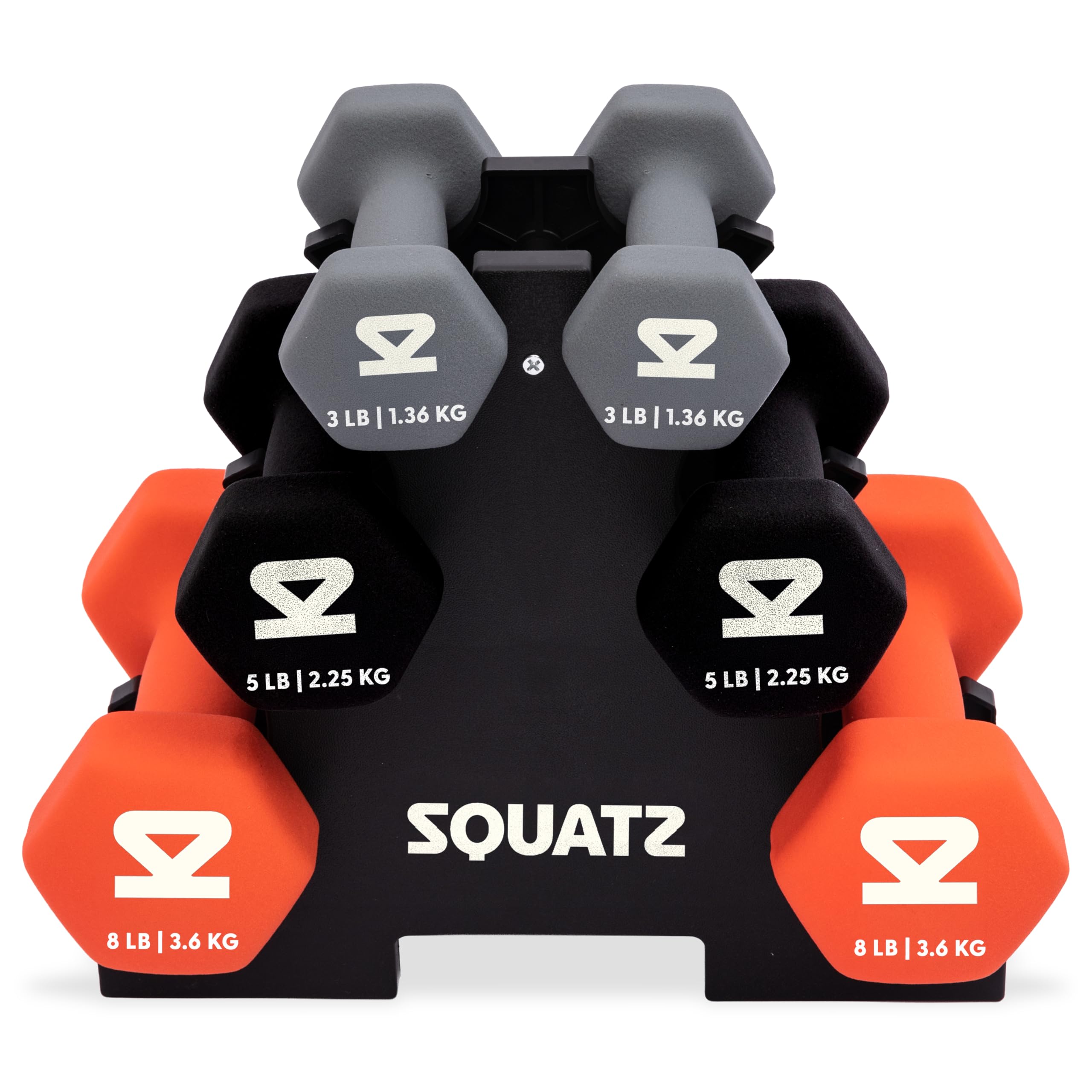 Squatz Set de Mancuernas con Soporte 14.5kgs, Pesas de Neopreno Antideslizantes Hexagonales, Juego de Dumbbells para Fitness, Entrenamiento, Yoga y Ejercicio en Casa