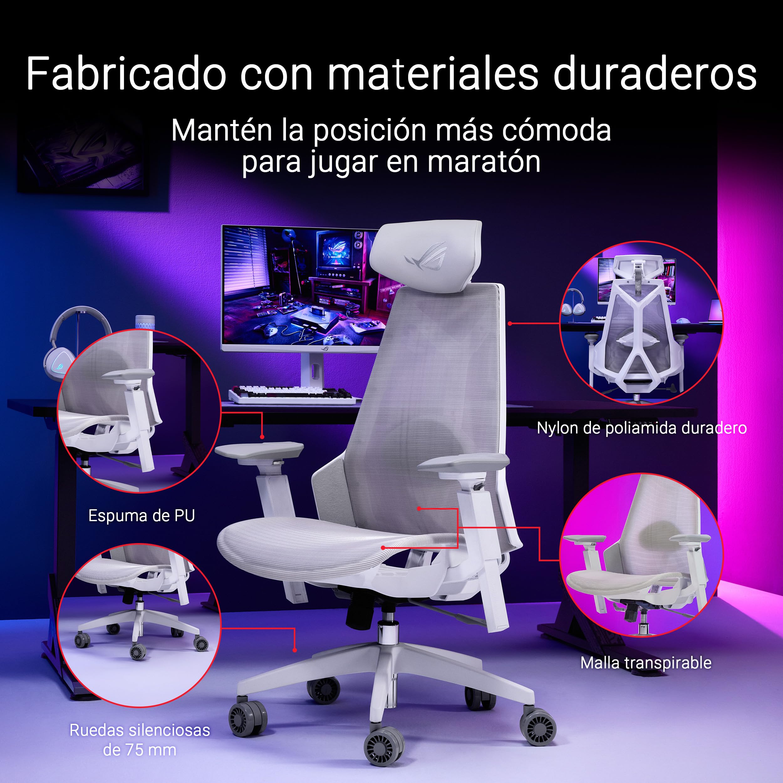 ASUS ROG Destrier Core Silla Gaming ergonómica, reposacabezas 2D, Soporte Lumbar, reposabrazos 3D para Gaming móvil, Profundidad y Altura Ajustables, reclinación en 3 Posiciones, Blanco Lunar