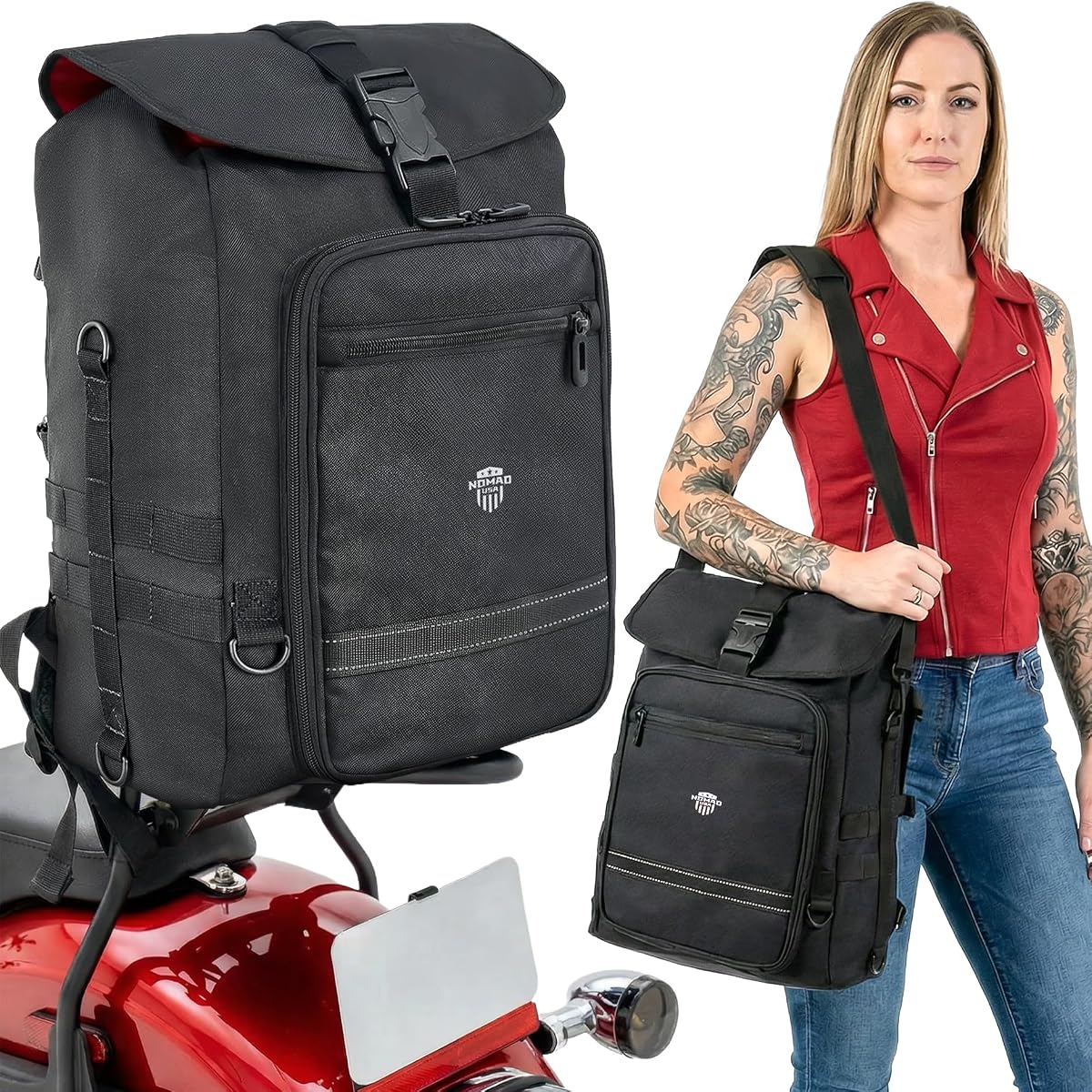 Nomad Motorcycle Sissy Bar Bag Expandable Roll Top Extra Storage Motorbike Tail Bag Converts to Handle & Shoulder Carry,15” Laptop Sleeve Weather Resistant Motorcycle Luggage Rack/Seat Travel (Black)