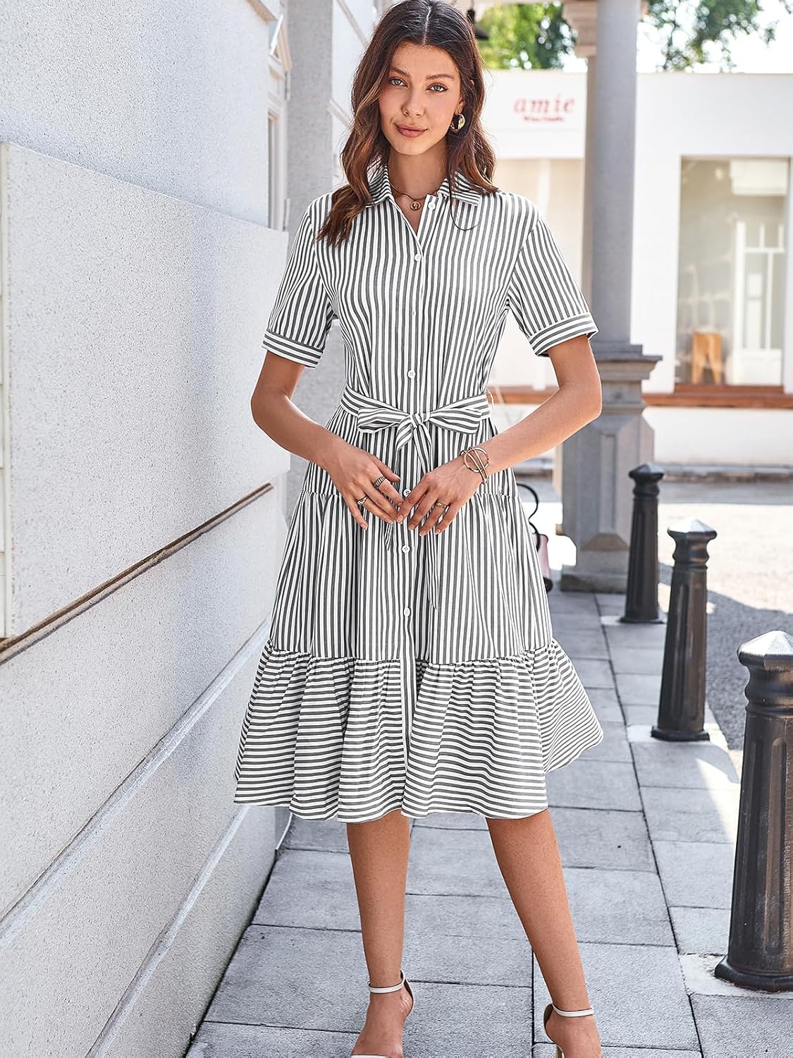BROVAVE Summer Midi Dress for Women: Striped Button Down Casual Clothing - Collared Flowy Classy Short Sleeve Dresses - Image 5