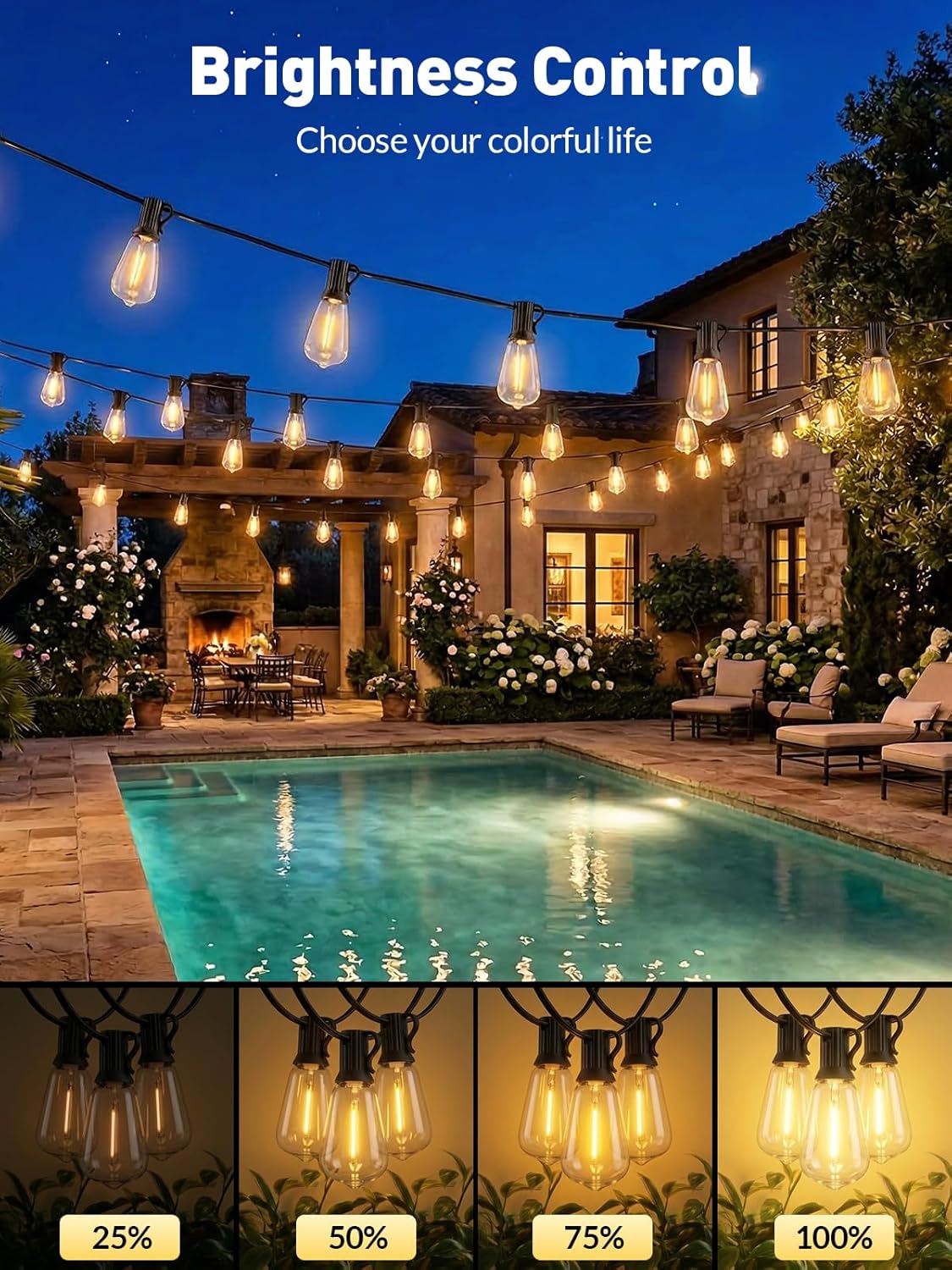 65ft-Solar-String-Lights-Outdoor-Waterproof-Solor-Powered-Patio-Light-Hanging-Outside-Backyard-Camping-Yard-Gazebo-Garden-Pergola-Bistro-Balcony-Cafe-Party-Fence-Lighting-LED with Edison Bulb & Remote