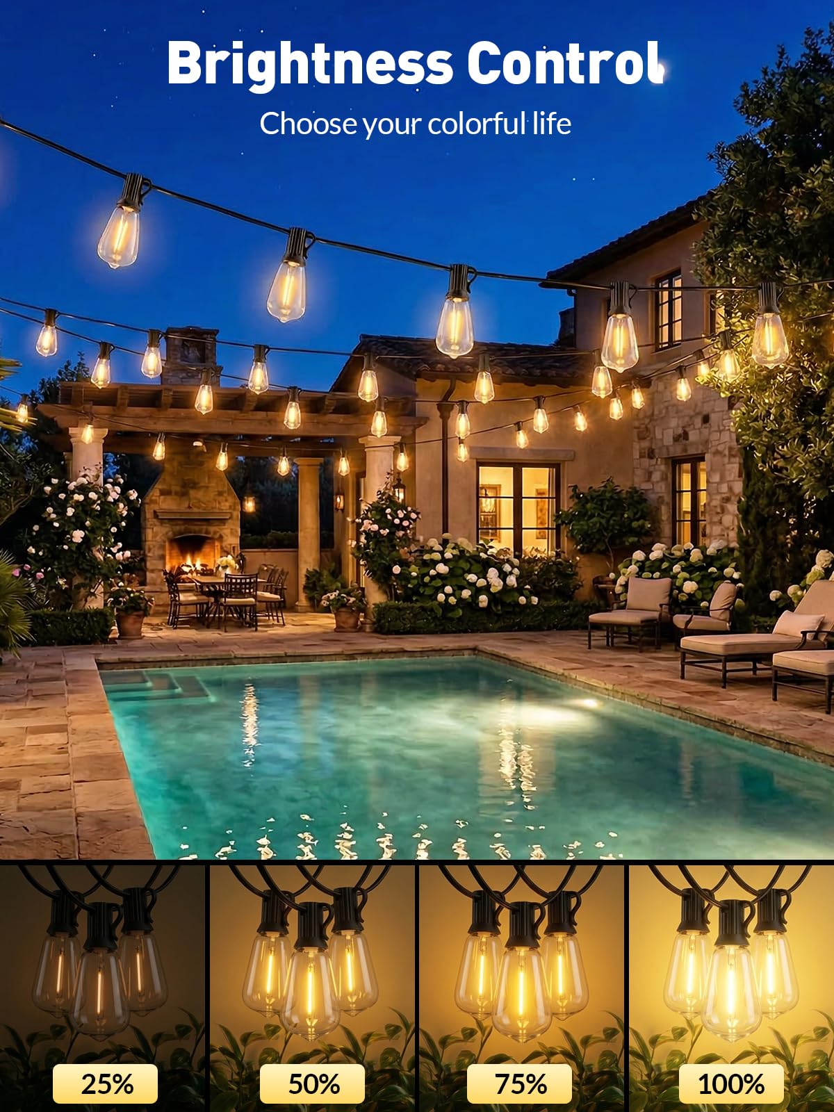 65ft-Solar-String-Lights-Outdoor-Waterproof-Solor-Powered-Patio-Light-Hanging-Outside-Backyard-Camping-Yard-Gazebo-Garden-Pergola-Bistro-Balcony-Cafe-Party-Fence-Lighting-LED with Edison Bulb & Remote - 2