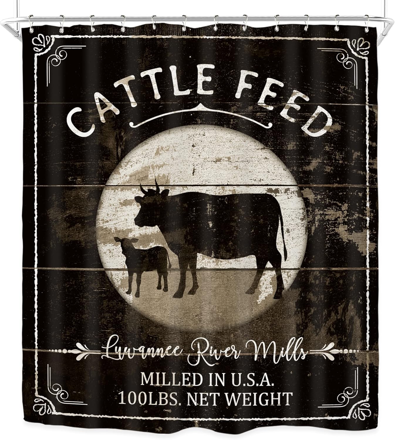 Riyidecor Cattle Feed Farmhouse Cow Shower Curtain for Bathroom Decor 60Wx72H Rustic Farm Animal Country Western Black Wooden Board Barn Bull Vintage Printed Fabric Polyester Waterproof 12 Pack Hooks