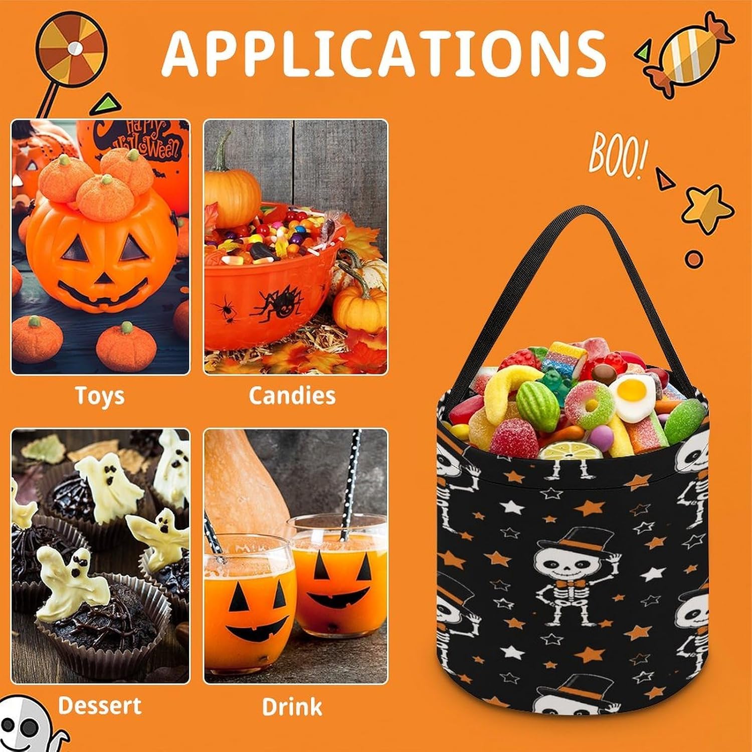 Hat Skeleton Halloween Trick Or Treat Bucket Candy Tote Hand‑held Pouch for Cosplay Theme Party Gift Storage image 3
