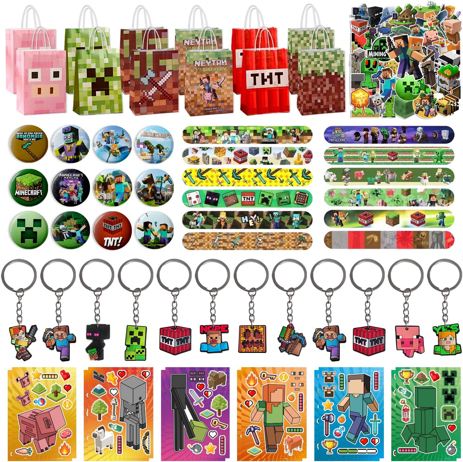 160pcs Pixel-Style Party Supplies, Including Gift Bags, Keychains, Button Badges, Hand Clappers, Creative Stickers, And Stickers, Suitable For Miner-Themed Party Gifts