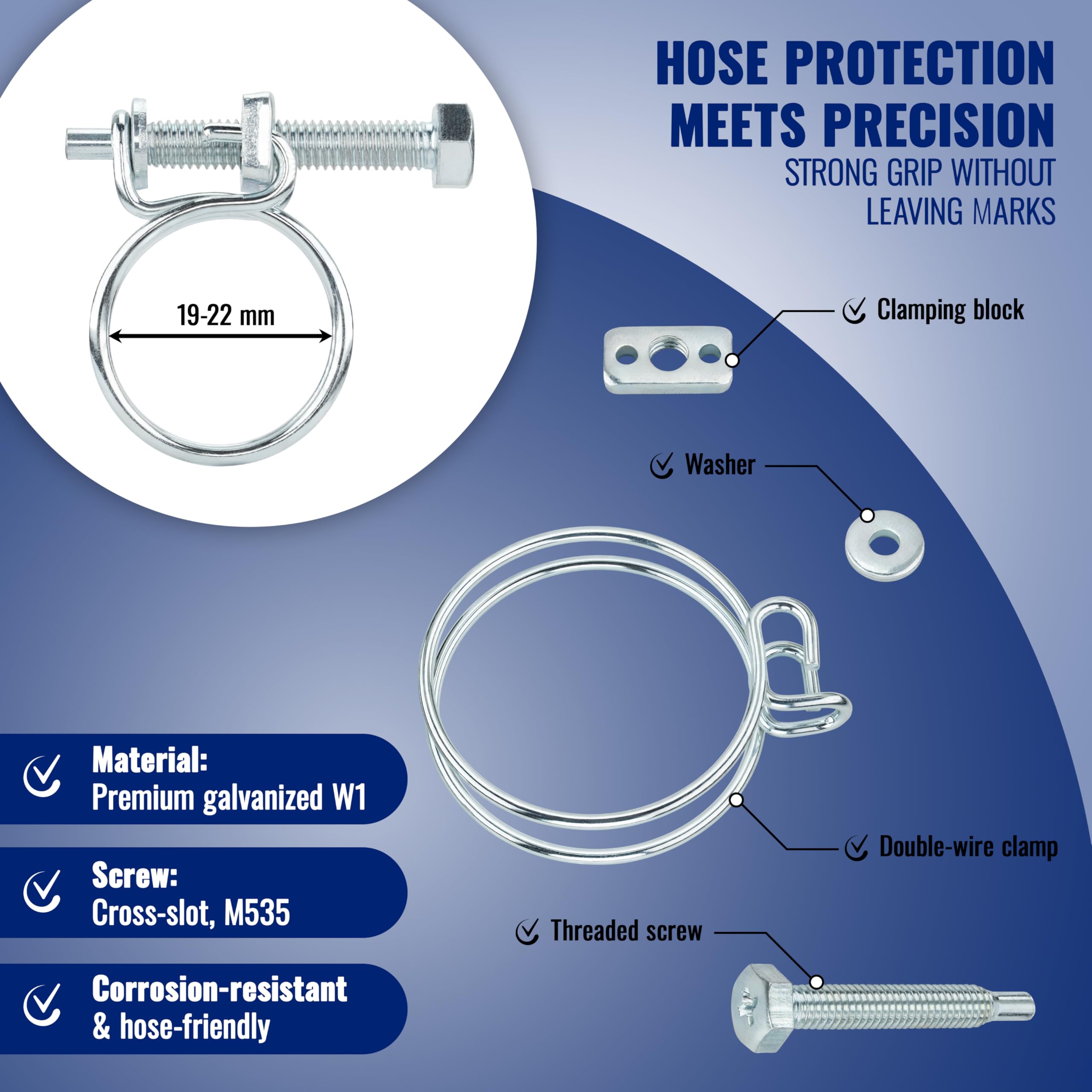 Poppstar 5 Pieces Double Wire Hose Clamp W1 Galvanised Steel Hose Clips, Clamping Width 19-22mm, Wire Diameter 1,8mm - Image 3