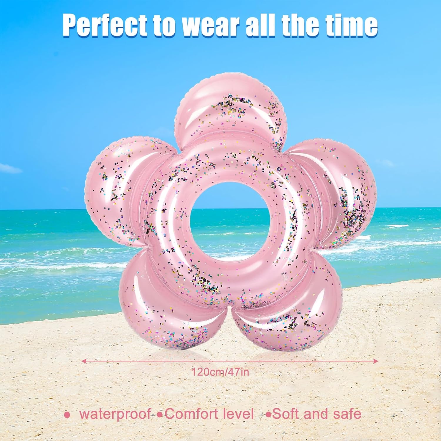 Outus 2 Pack Cute Flower Pool Floats Glitter 47 Inch Inflatable Pink Butter Bachelorette Ring Floaties Bride Floating Flowers for Pool Adults Summer Swimming Birthday