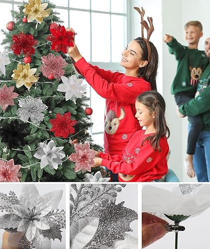 Miniatura 6 de RECUTMS Juego de 60 piezas de flores de Pascua artificiales con purpurina, 3 estilos, para decoración de árbol de Navidad, corona de boda,